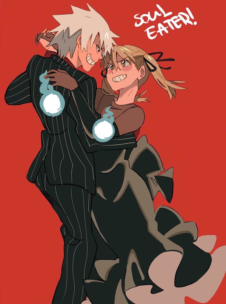 1boy, 1girl, blonde_hair, blush, commentary, copyright_name, dancing, dress