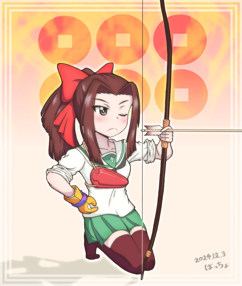 1girl, absurdres, alternate_hairstyle, arrow_(projectile), bow, bow_(weapon), breasts, brown_eyes