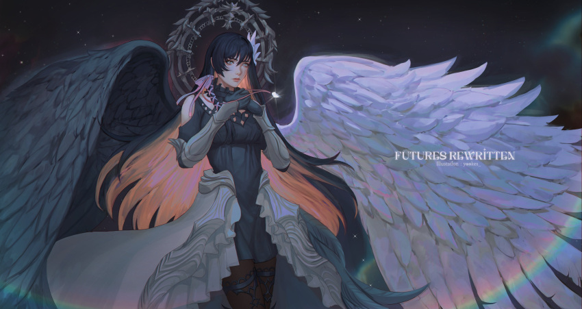 1girl, absurdres, asymmetrical_wings, black_feathers, black_hair, dress, feathered_wings, feathers