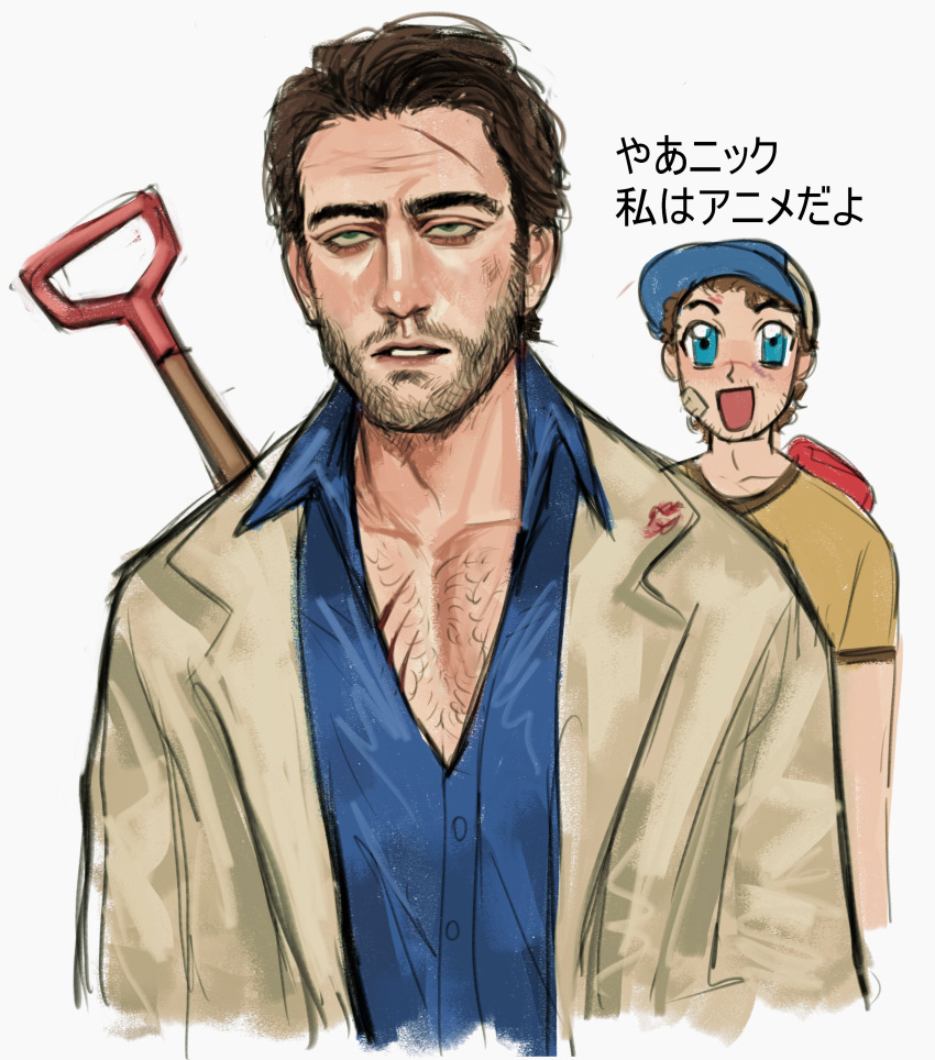 2boys, absurdres, art_shift, bandage_on_face, bandages, blue_shirt, brown_hair, chest_hair