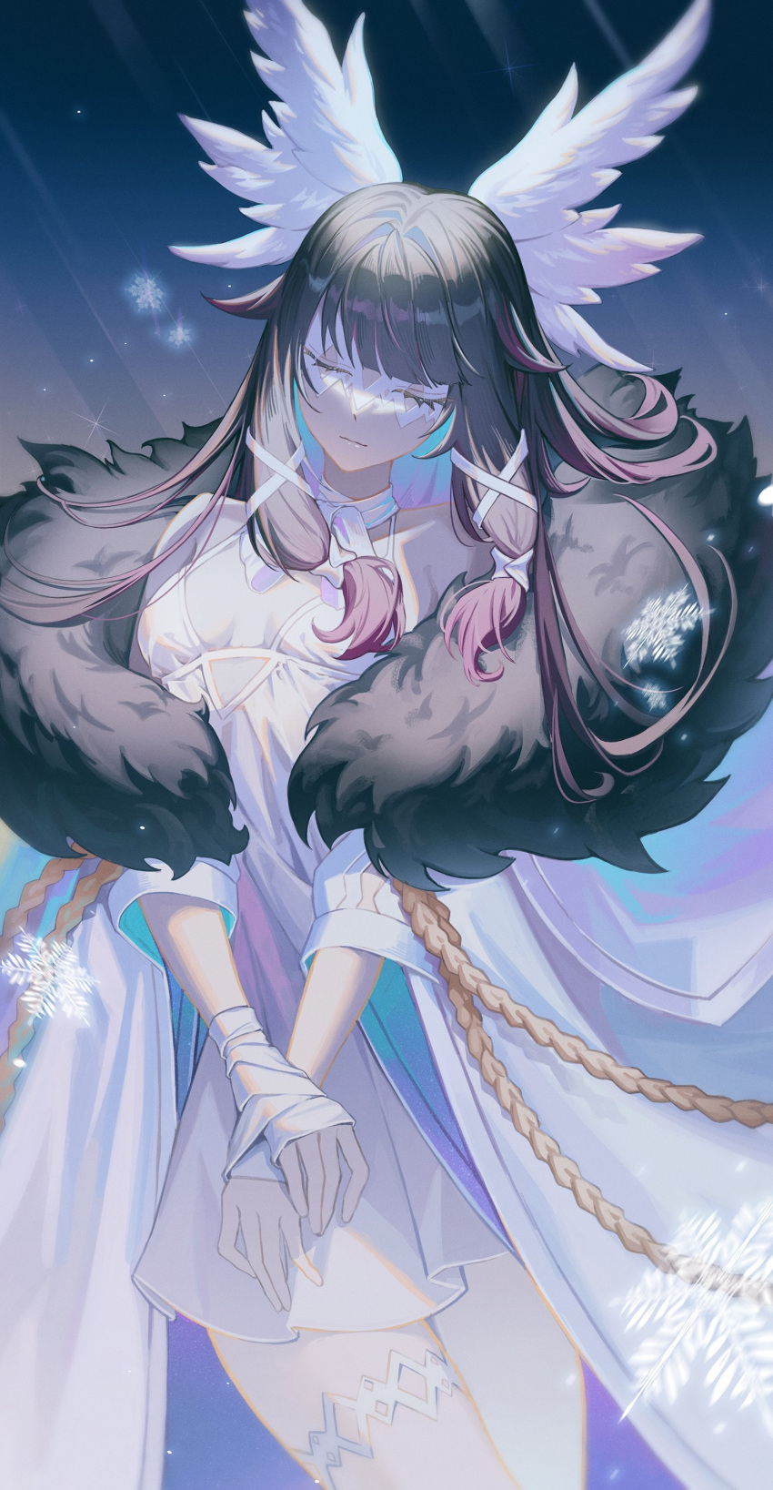 1girl, absurdres, aiguillette, bandaged_hand, bandages, black_hair, bound, bound_wrists