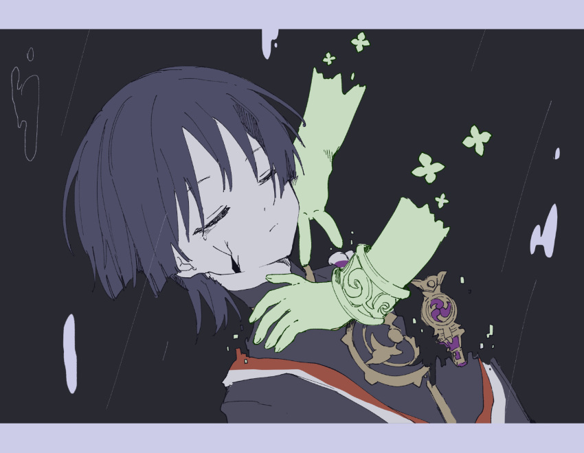 1boy, black_bodysuit, black_hair, black_kimono, blunt_ends, bodysuit, border, bracelet