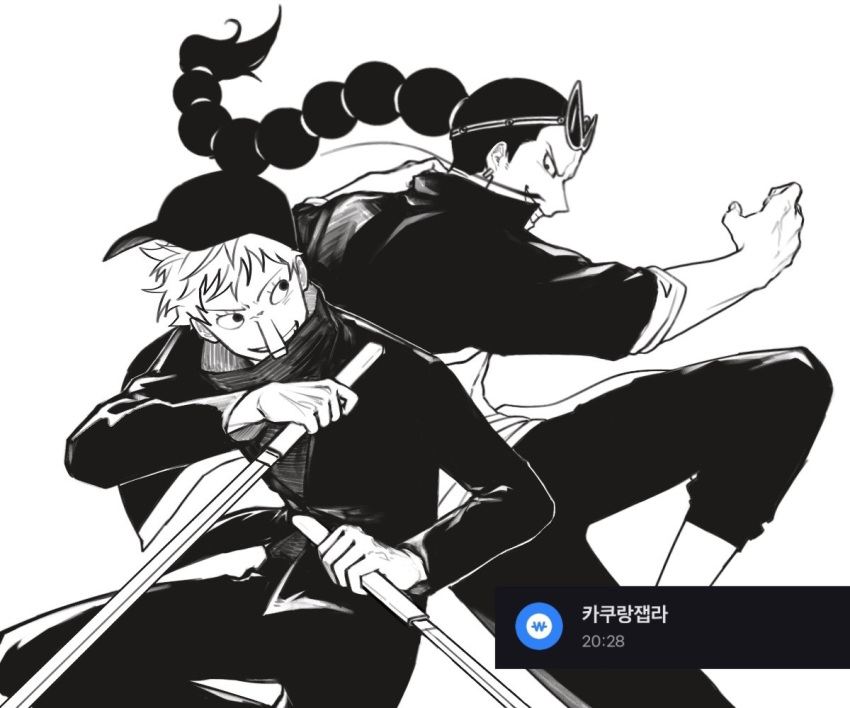 2boys, arm_up, baseball_cap, collared_jacket, commentary_request, cropped_jacket, dual_wielding, eye_contact