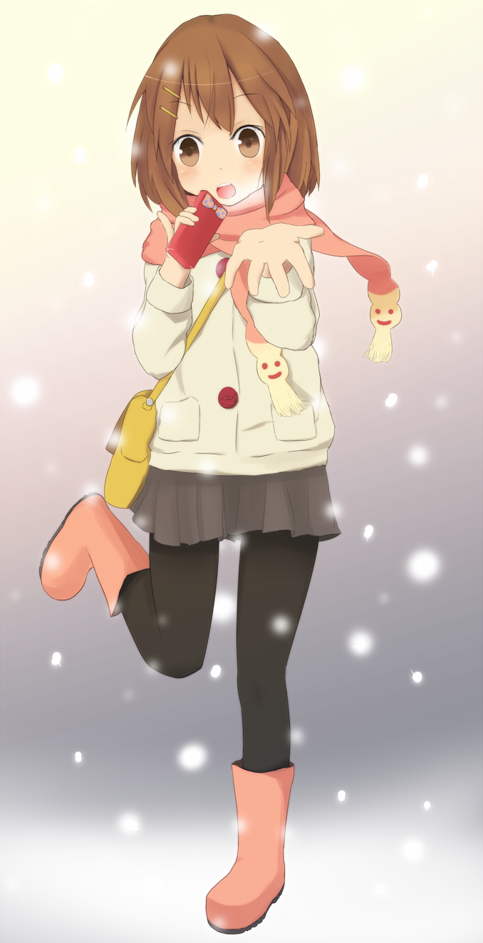 bag, brown_eyes, brown_hair, coat, coop_(coupon123), galoshes, highres, hirasawa_yui