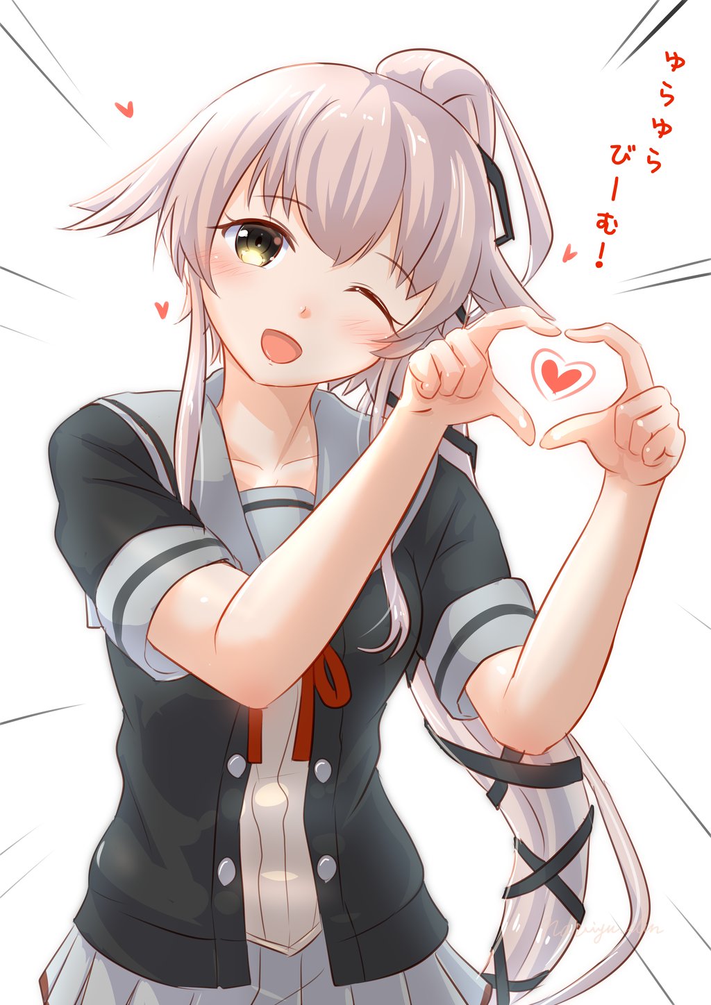 1girl, black_jacket, black_ribbon, brown_eyes, commentary_request, grey_sailor_collar, grey_skirt, hair_flaps