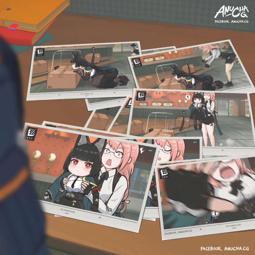 !, 2girls, animal_ears, anucha_cg, artist_name, black_skirt, black_thighhighs, box