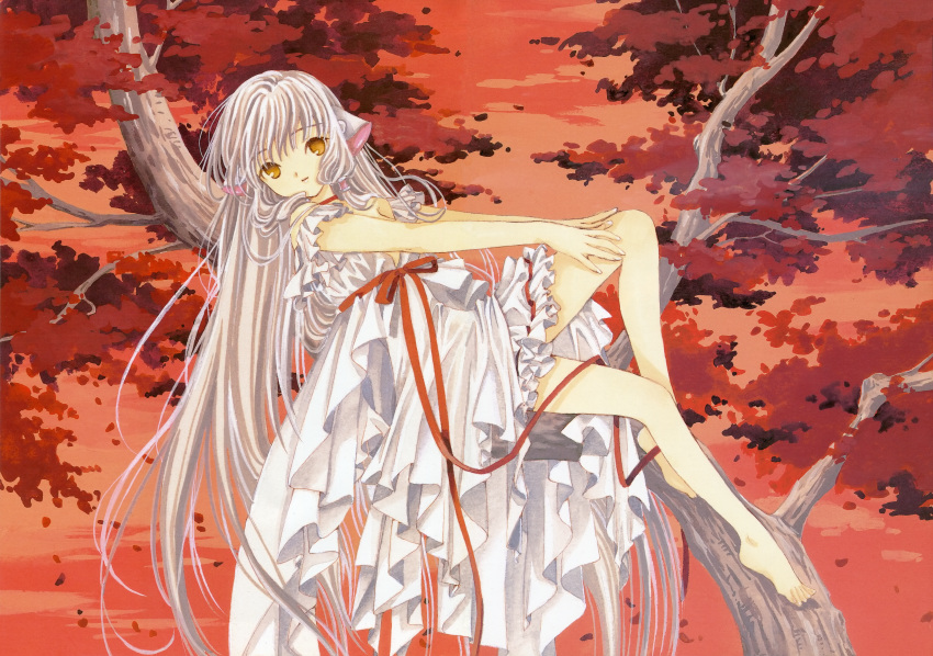 1girl, absurdres, barefoot, blonde_hair, bow, chii, chobits, clamp_(circle)