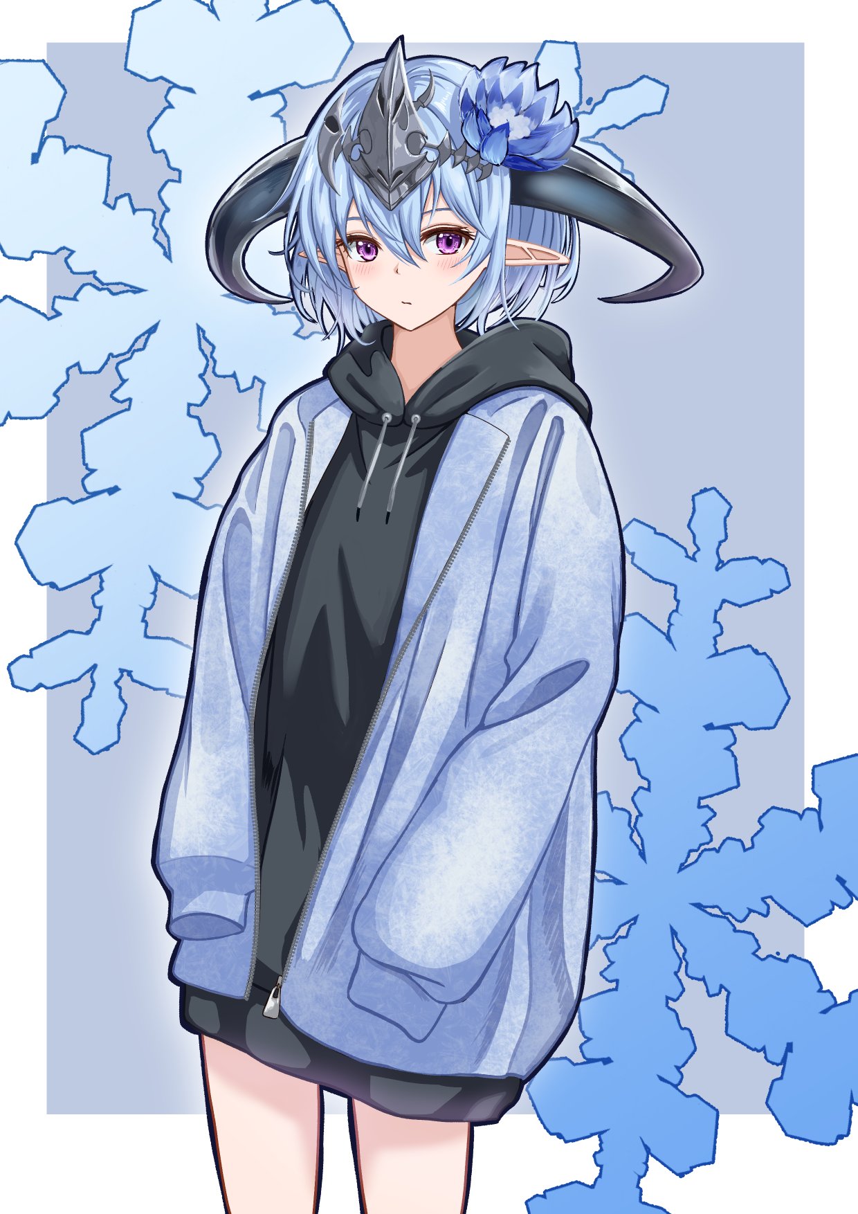 1girl, alternate_costume, bare_legs, black_sweater, blue_hair, blue_jacket, blush, casual