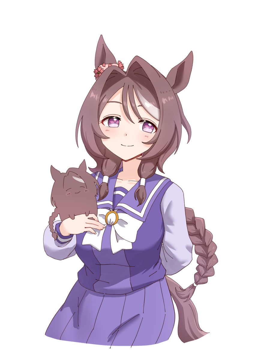 1girl, absurdres, animal_ears, breasts, brown_hair, closed_mouth, commentary_request, creature