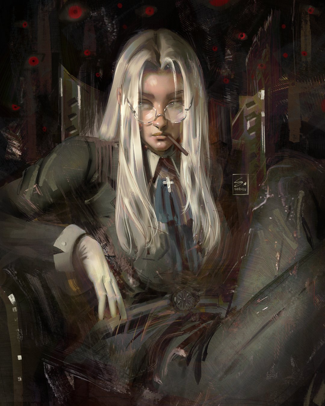 1girl, alucard_(hellsing), arm_rest, ascot, blonde_hair, blue_ascot, cigarette, collared_shirt, cross, curtained_hair, dark-skinned_female, dark_skin, disembodied_eye, expressionless, extra_eyes, glasses, gloves, green_jacket, hellsing, highres, integra_hellsing, jacket, long_hair, long_sleeves, looking_to_the_side, parted_bangs, red_eyes, round_eyewear, sebijy, shirt, sitting, smoking, white_gloves
