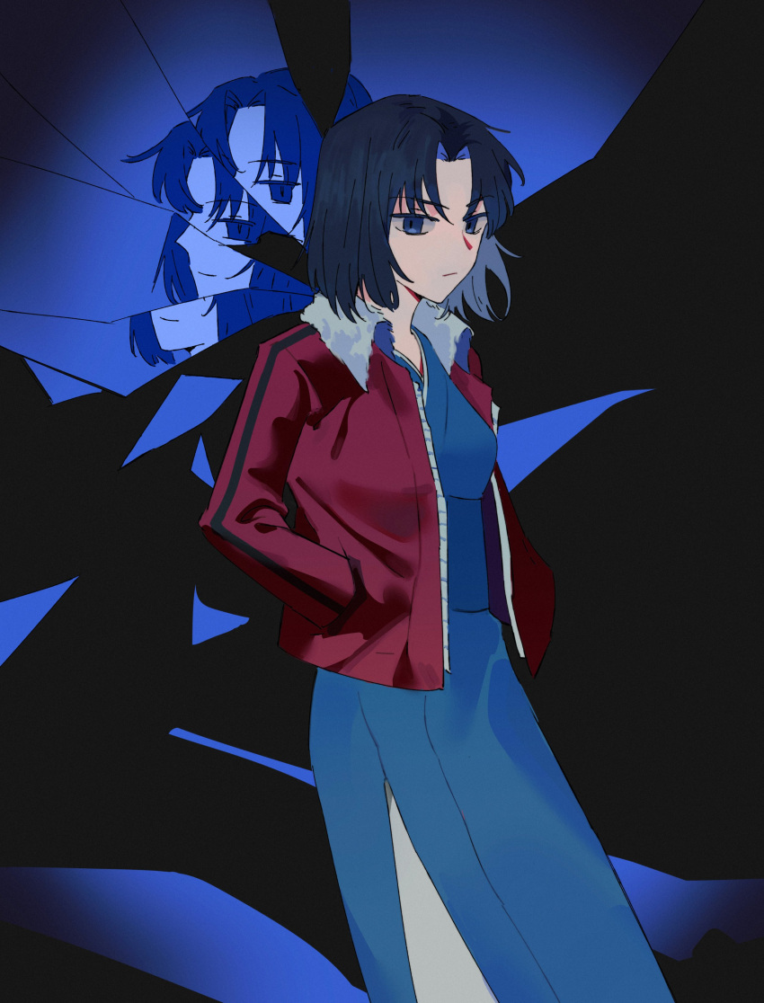 1girl, absurdres, black_eyes, black_hair, blue_kimono, closed_mouth, expressionless, floating_hair, fur-trimmed_jacket, fur_trim, hands_in_pockets, hashtag-only_commentary, highres, jacket, japanese_clothes, kara_no_kyoukai, kimono, long_sleeves, looking_at_viewer, millonview619, open_clothes, open_jacket, parted_bangs, red_jacket, ryougi_shiki, short_hair, solo