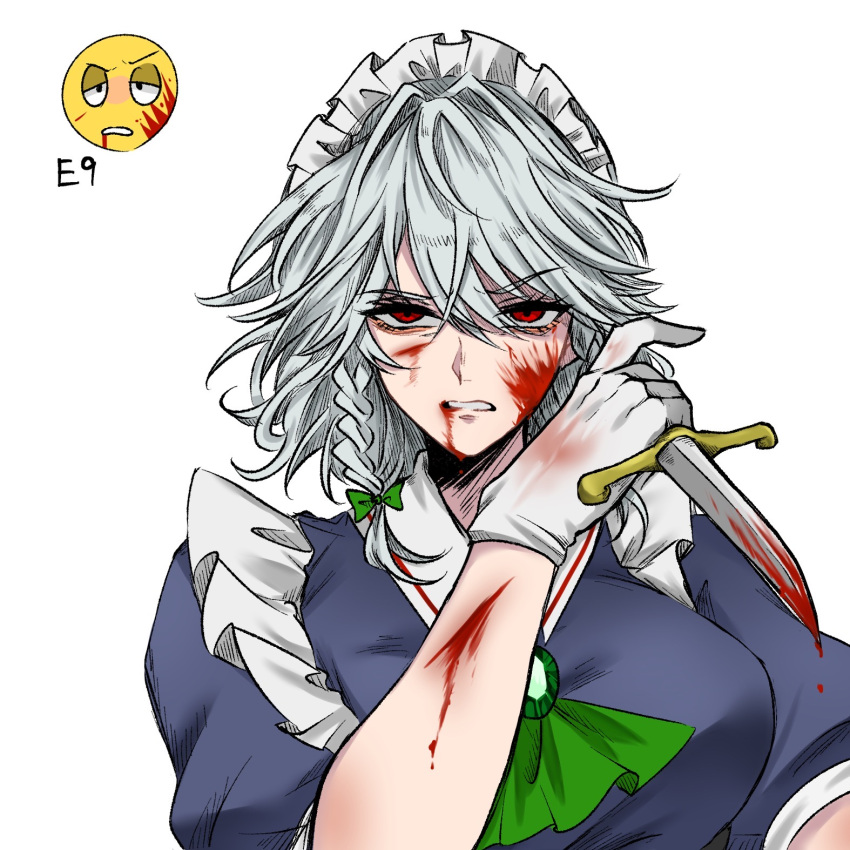 1girl, ascot, blood, blood_from_mouth, blood_on_clothes, blood_on_face, blood_on_weapon, bow