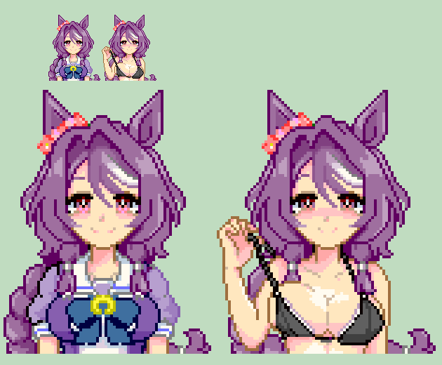 1girl, animal_ears, bra, breasts, closed_mouth, commentary_request, hair_between_eyes, hair_ornament, horse_ears, horse_girl, keykey117117, long_braid, long_hair, looking_at_viewer, medium_breasts, pink_eyes, pixel_art, portrait, purple_hair, sakura_chitose_o_(umamusume), school_uniform, simple_background, smile, tracen_school_uniform, umamusume, underwear