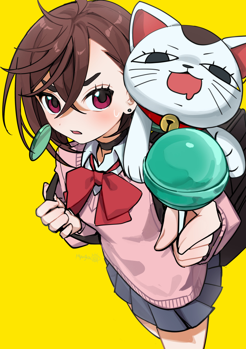 1girl, absurdres, black_choker, bow, brown_hair, candy, cat, choker, crossed_bangs, dandadan, earrings, food, grey_skirt, highres, holding, holding_candy, holding_food, holding_lollipop, jewelry, lollipop, momo_(cardcaptor_sakura), myuga66666, pink_sweater, red_bow, simple_background, skirt, sweat, sweater, turbo_granny, violet_eyes, yellow_background