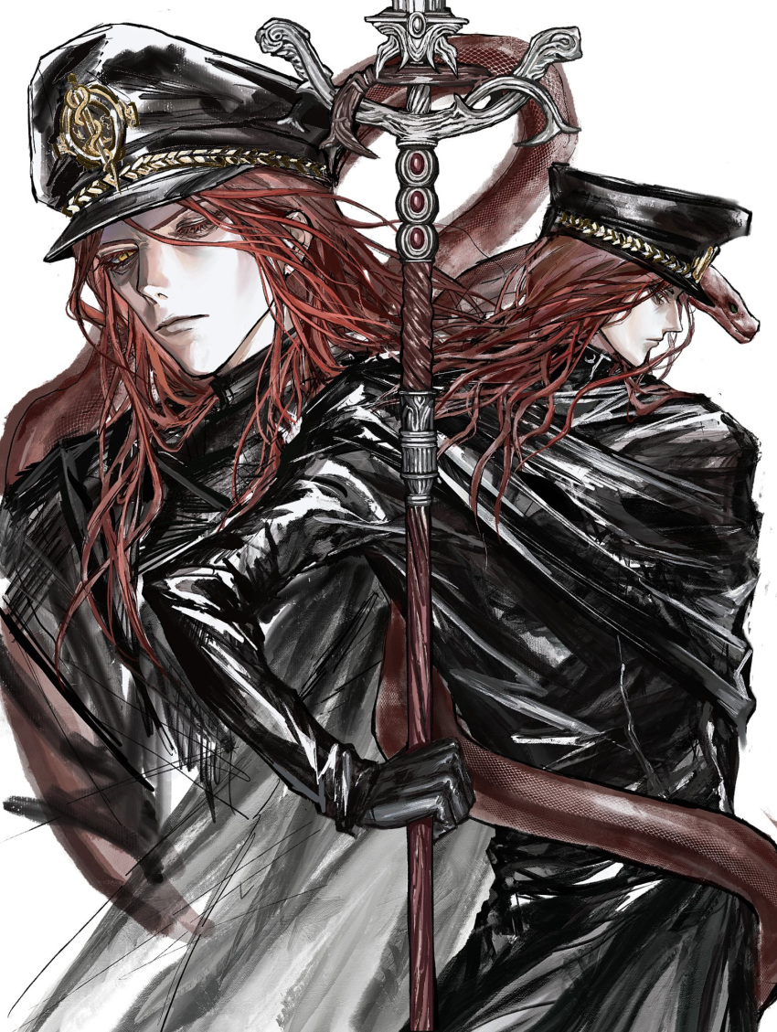 1boy, animal, black_cape, black_gloves, black_hat, bonley, cape, closed_mouth