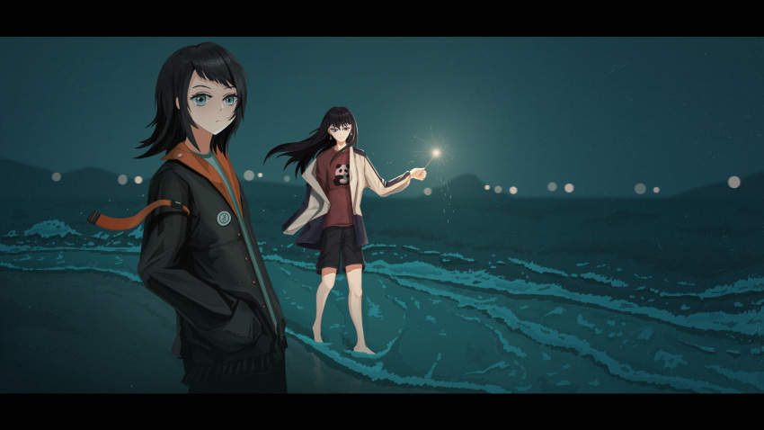 2girls, bang_dream!, bang_dream!_it's_mygo!!!!!, bkk_(senmude), black_hair, black_jacket, black_shorts, blue_eyes