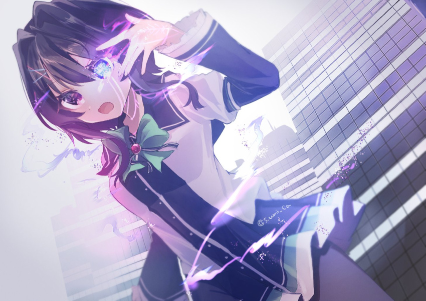 1girl, 9-nine-, aura, black_dress, black_hair, black_pantyhose, blue_eyes, blurry