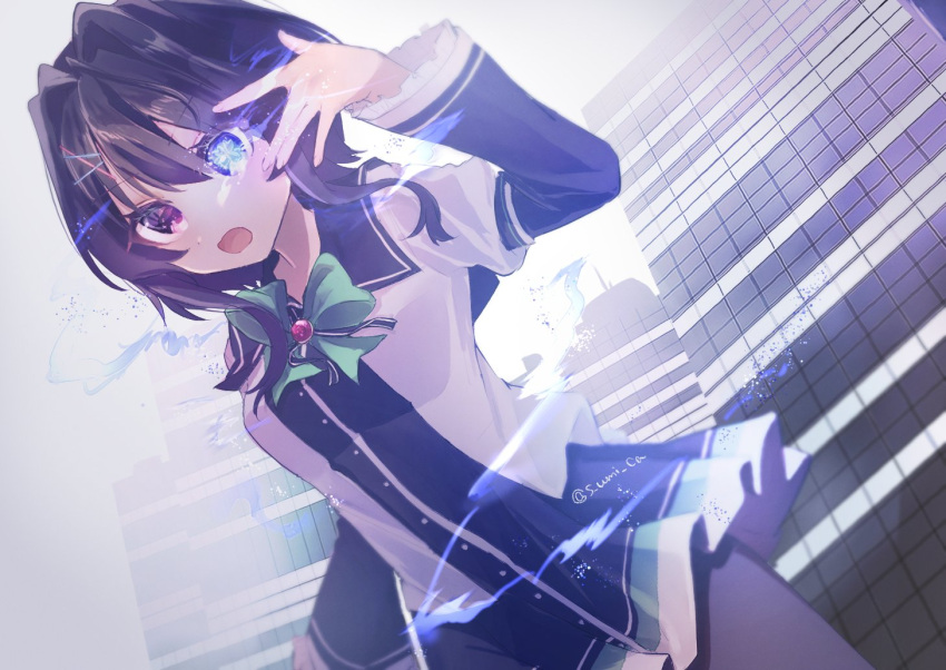 1girl, 2024, 9-nine-, aura, black_dress, black_hair, black_pantyhose, blue_eyes