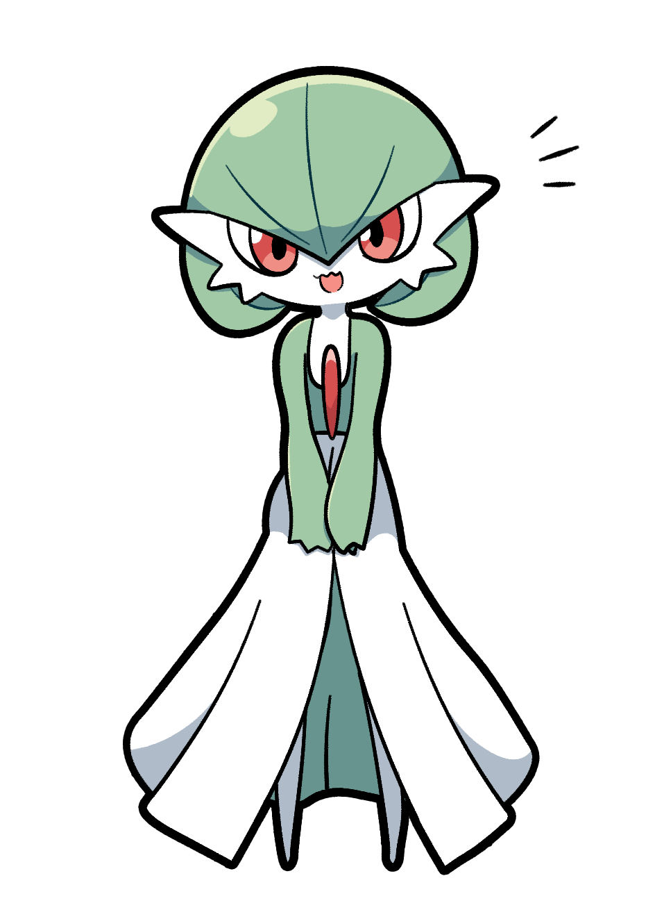 1girl, bob_cut, colored_skin, commentary, english_commentary, flat_chest, full_body, gardevoir, green_hair, green_skin, hair_between_eyes, happy, highres, looking_at_viewer, multicolored_skin, no_feet, notice_lines, open_mouth, outline, own_hands_together, plumflavor, pokemon, pokemon_(creature), red_eyes, short_hair, simple_background, smile, solo, standing, transparent_background, two-tone_skin, v_arms, wavy_mouth, white_outline, white_skin