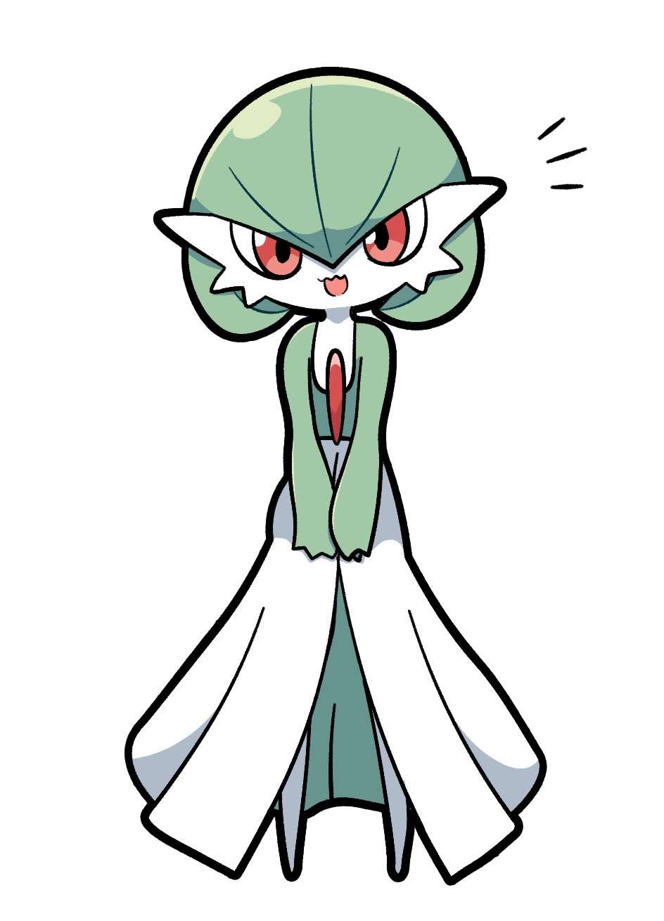1girl, bob_cut, colored_skin, commentary, english_commentary, flat_chest, full_body, gardevoir, green_hair, green_skin, hair_between_eyes, happy, highres, looking_at_viewer, multicolored_skin, no_feet, notice_lines, open_mouth, own_hands_together, plumflavor, pokemon, pokemon_(creature), red_eyes, short_hair, simple_background, smile, solo, standing, two-tone_skin, v_arms, wavy_mouth, white_background, white_skin