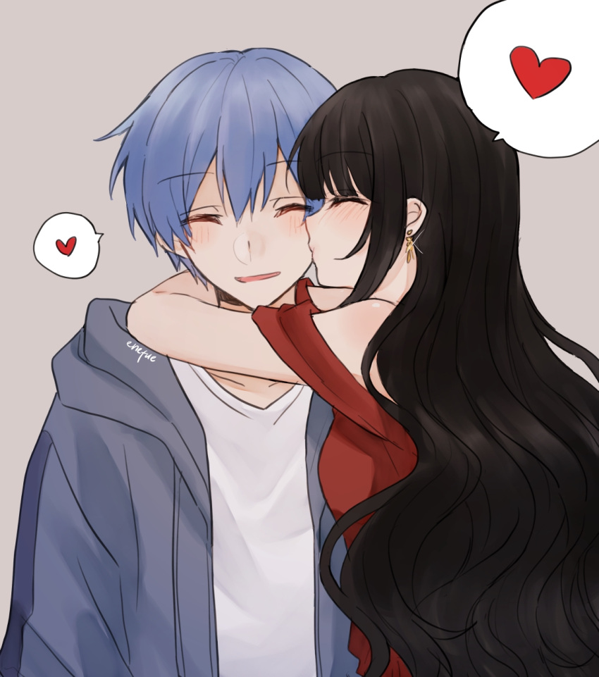 1boy, 1girl, ansatsu_kyoushitsu, arms_around_neck, black_hair, blue_hair, closed_eyes, dress