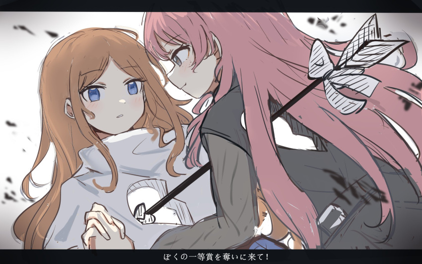 2girls, ansy09080527, bang_dream!, bang_dream!_it's_mygo!!!!!, blue_eyes, blush, brown_hair, chihaya_anon, commentary_request, eye_contact, grey_eyes, highres, holding_hands, hole_in_chest, hole_on_body, interlocked_fingers, long_hair, long_sleeves, looking_at_another, multiple_girls, nagasaki_soyo, parted_lips, pink_hair, sidelocks, sweater, translation_request, white_sweater, yuri