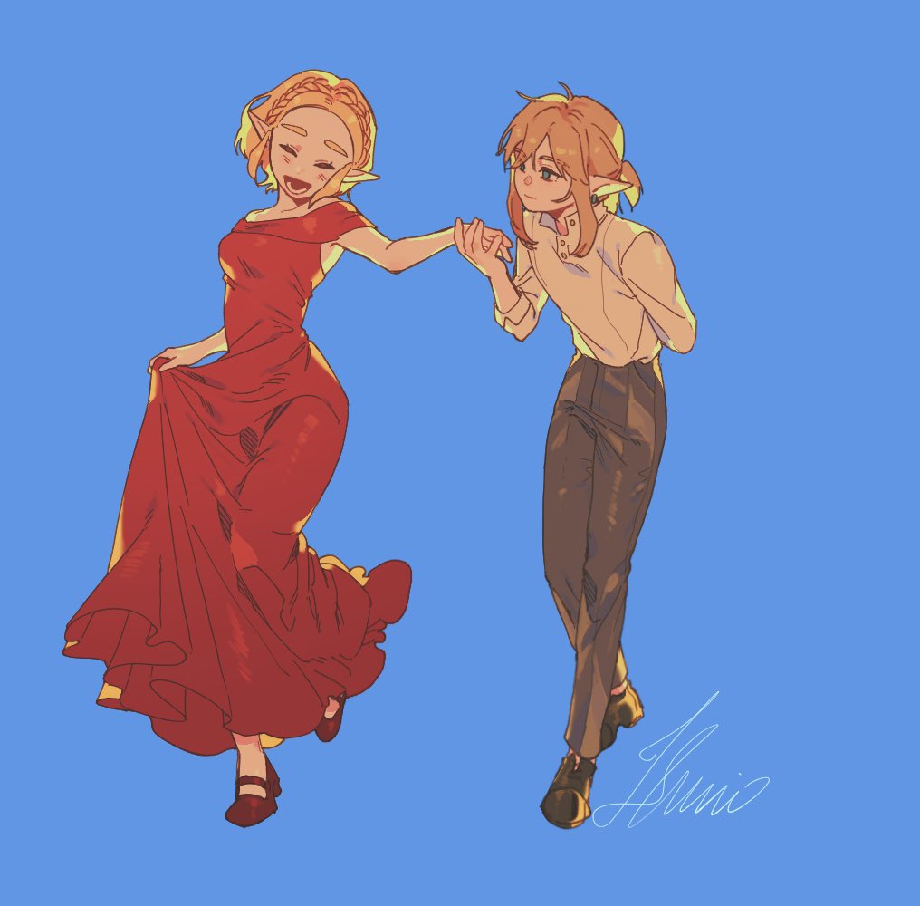 1boy, 1girl, :d, alternate_costume, blonde_hair, blue_background, braid, brown_hair