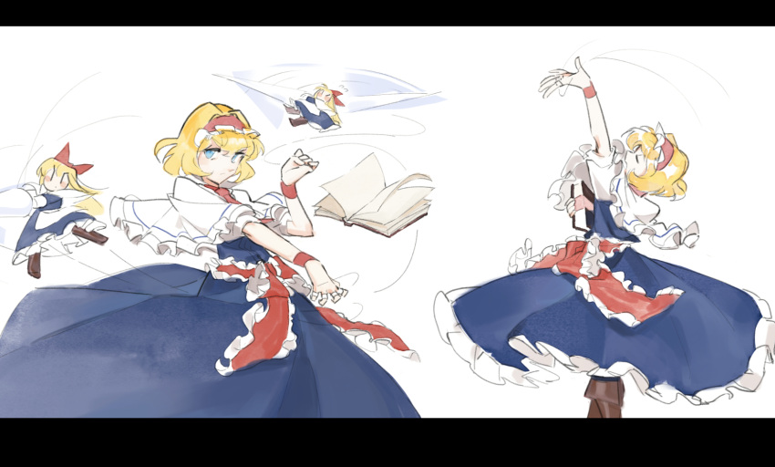 2girls, alice_margatroid, apron, arm_up, ascot, blonde_hair, blue_dress, blue_eyes