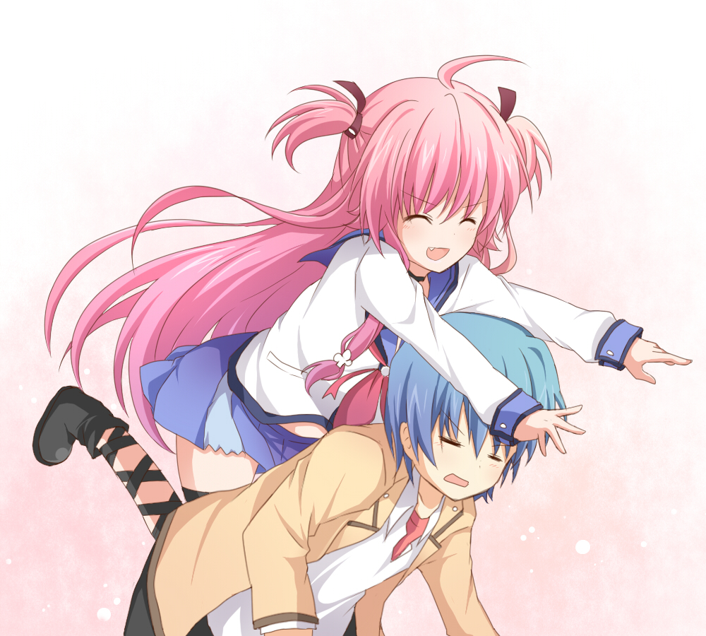 blue_hair, closed_eyes, eyes_closed, hinata_(angel_beats!), kaname_ihnk, long_hair, pink_hair, school_uniform