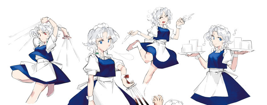 1girl, ^_^, apron, arms_up, between_fingers, blood, blood_on_knife, blue_dress