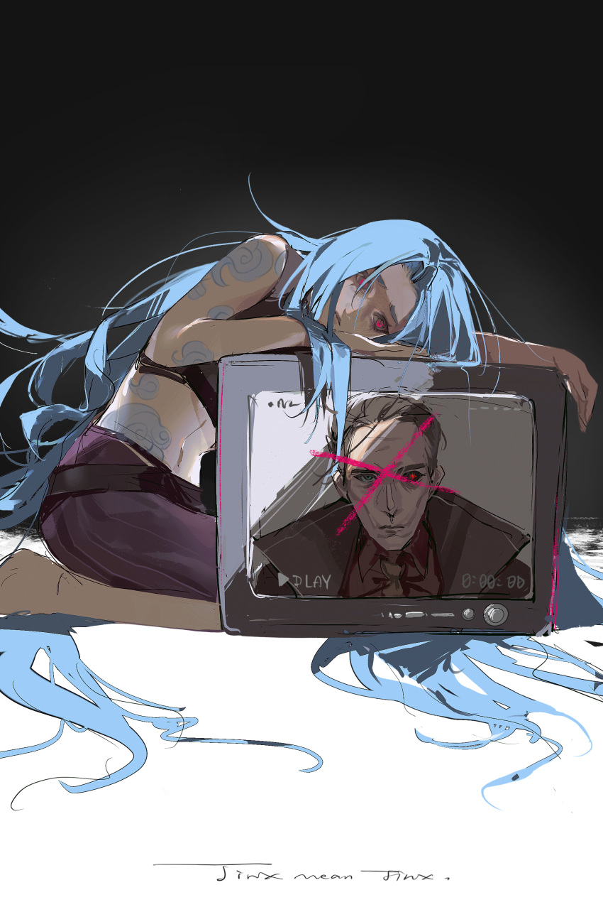 1boy, 1girl, absurdres, arcane:_league_of_legends, arm_tattoo, bare_shoulders, black_pants, black_sclera