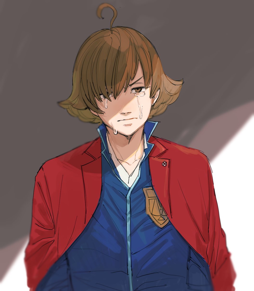 1boy, ace_attorney, ace_attorney_investigations, ace_attorney_investigations_2:_prosecutor's_gambit, ahoge, blue_shirt, brown_eyes, brown_hair