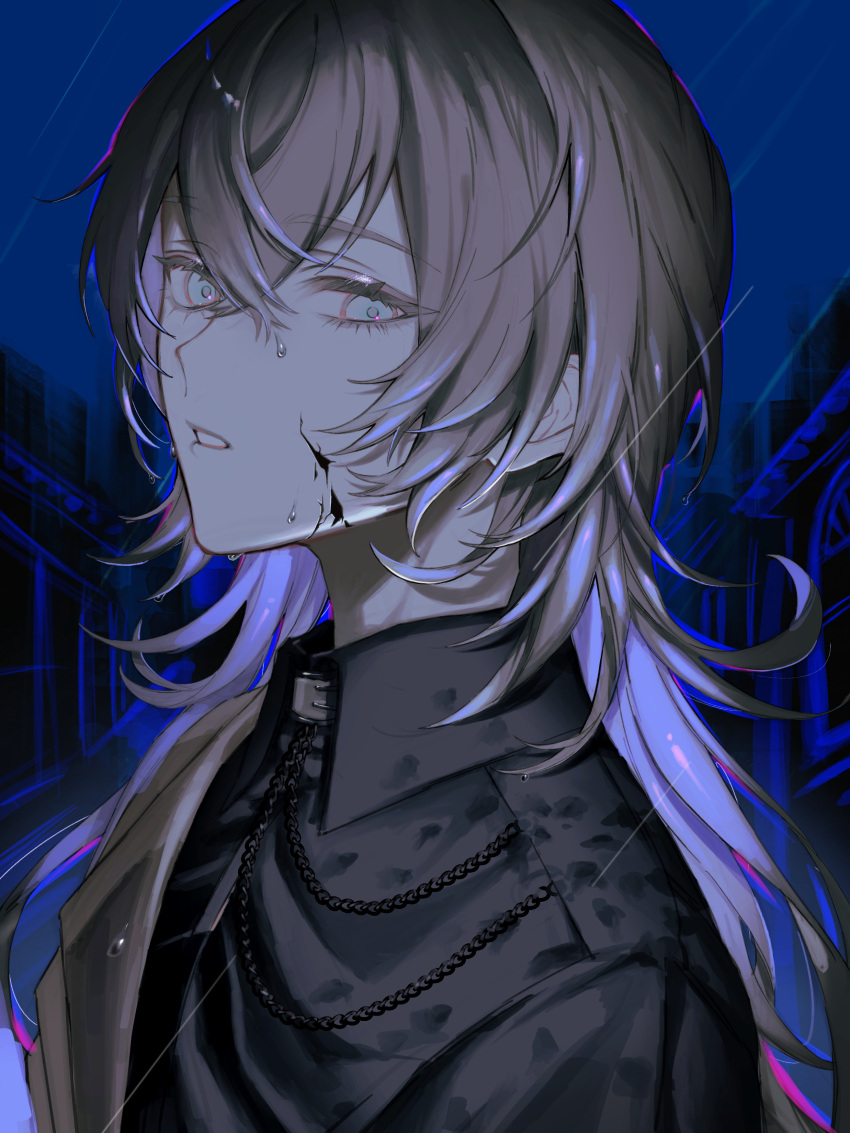 1boy, abstract_background, absurdres, black_jacket, black_shirt, blue_background, blue_eyes, building, collared_shirt, colored_inner_hair, commentary, cracked_skin, fabnuu, grey_hair, highres, hoshirube_sho, jacket, limited_palette, male_focus, multicolored_hair, nijisanji, parted_lips, purple_hair, rain, shirt, sidelocks, solo, symbol-only_commentary, upper_body, virtual_youtuber