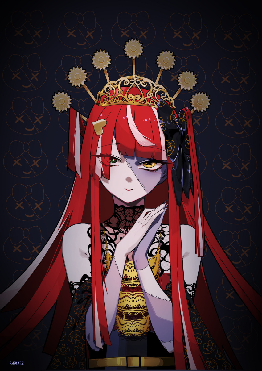 1girl, absurdres, bare_shoulders, black_nails, black_shawl, blunt_bangs, blunt_ends, colored_skin