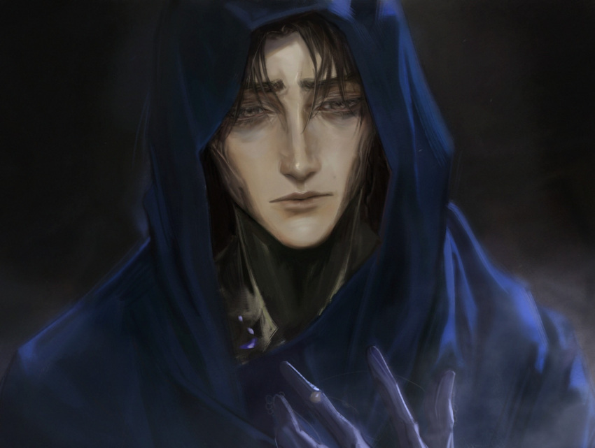 1boy, 9eujang, arcane:_league_of_legends, black_background, blue_robe, brown_hair, hood, robe, viktor_(league_of_legends)