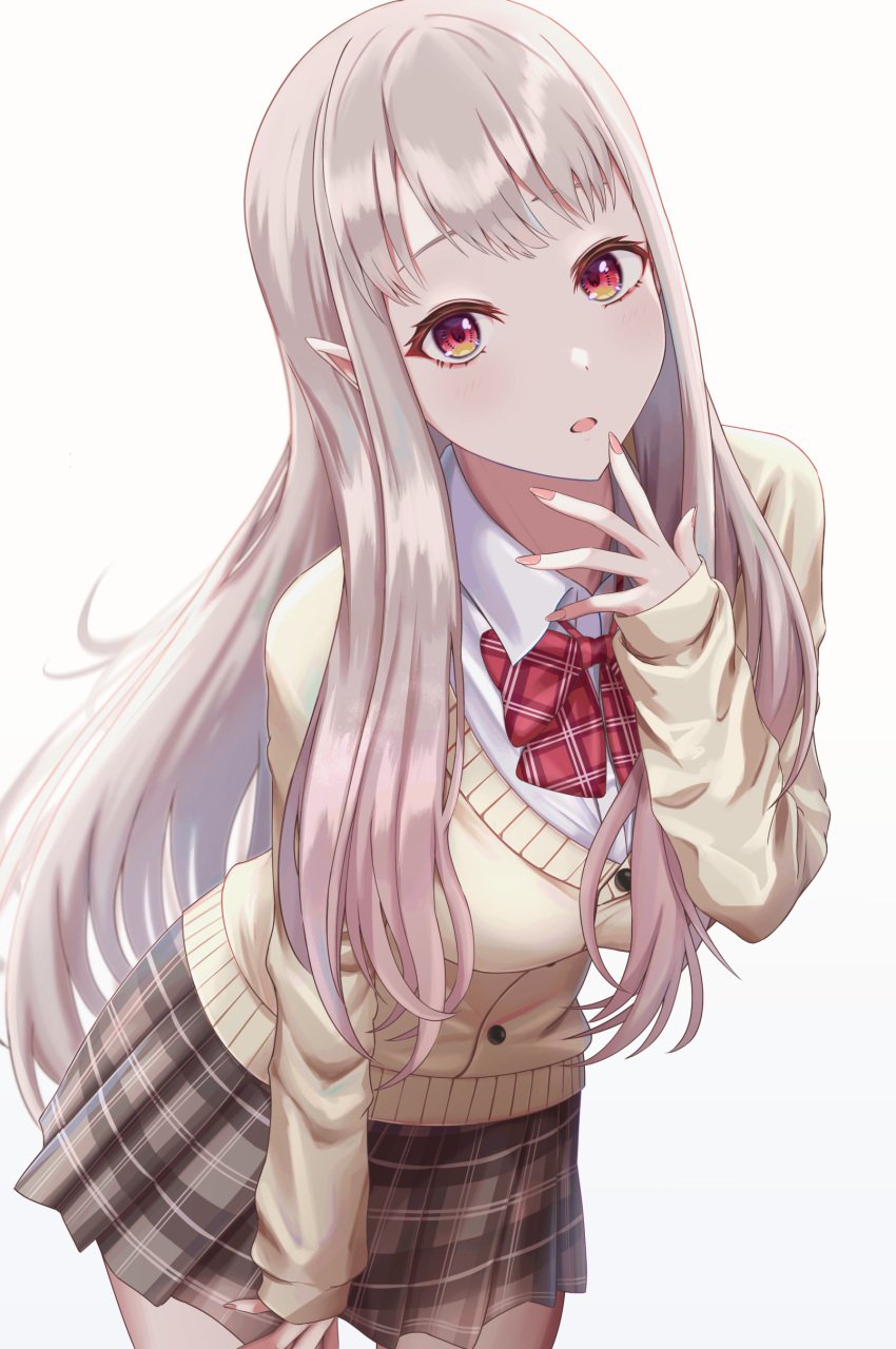 1girl, absurdres, bow, brown_skirt, cardigan, collared_shirt, cowboy_shot, elu_(7th_costume)_(nijisanji)