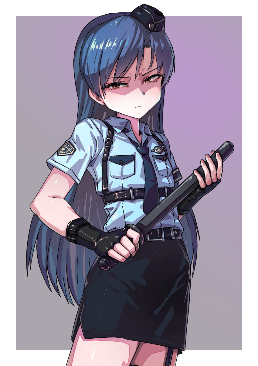 1girl, absurdres, baton_(weapon), belt, black_skirt, blue_hair, blue_shirt, border, breast_pocket, brown_eyes, closed_mouth, collared_shirt, cowboy_shot, fingerless_gloves, garter_straps, glaring, gloves, gradient_background, half-closed_eyes, hat, highres, hold111, idolmaster, idolmaster_(classic), idolmaster_million_live!, idolmaster_million_live!_theater_days, kisaragi_chihaya, long_hair, looking_at_viewer, necktie, pocket, police, police_hat, police_uniform, policewoman, shaded_face, shirt, skirt, solo, standing, weapon, white_border