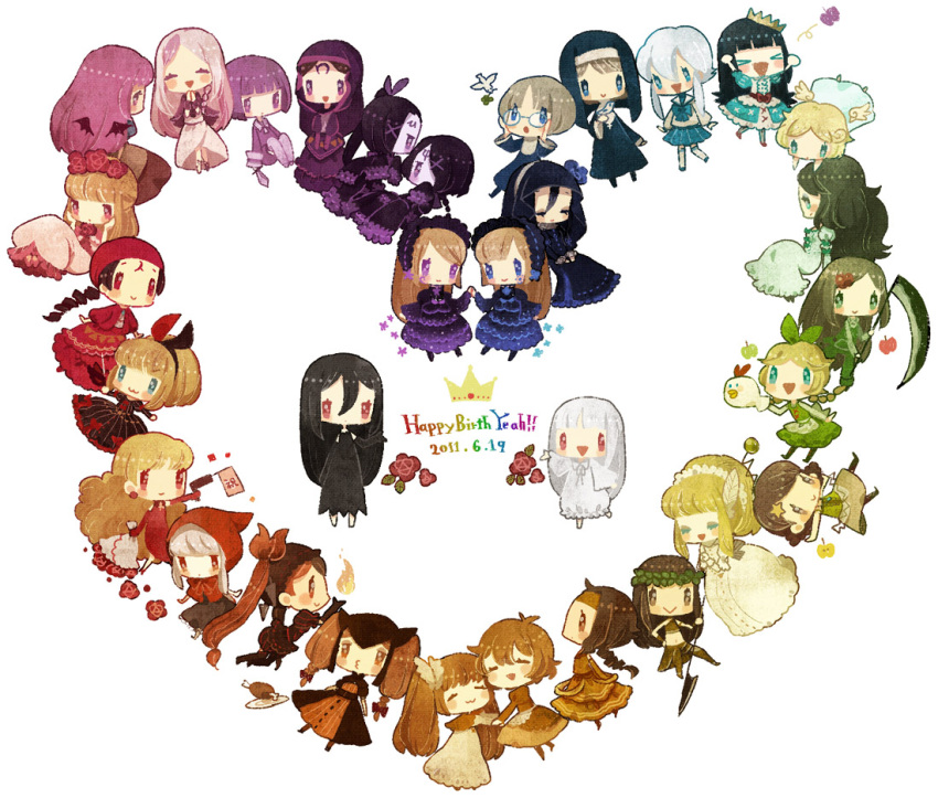 >_<, 6+girls, ?, apple, black_dress, black_hair, blonde_hair, blue-framed_eyewear