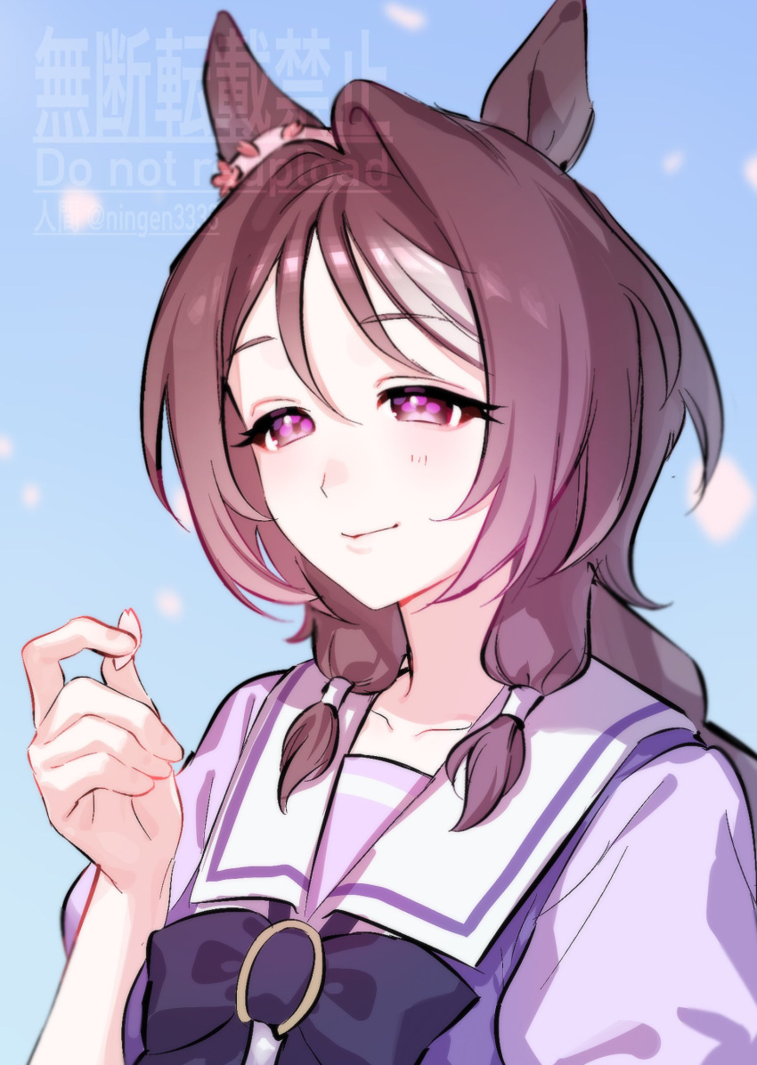 1girl, animal_ears, blurry, blurry_background, bow, bowtie, brown_hair, cherry_blossoms
