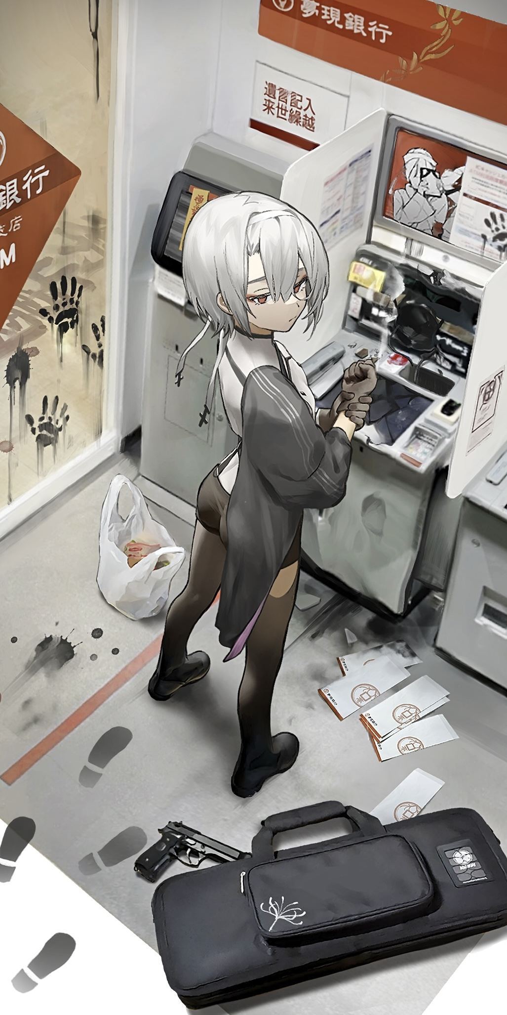 1girl, atm, bag, bank, beretta_92, black_footwear, breasts, broken