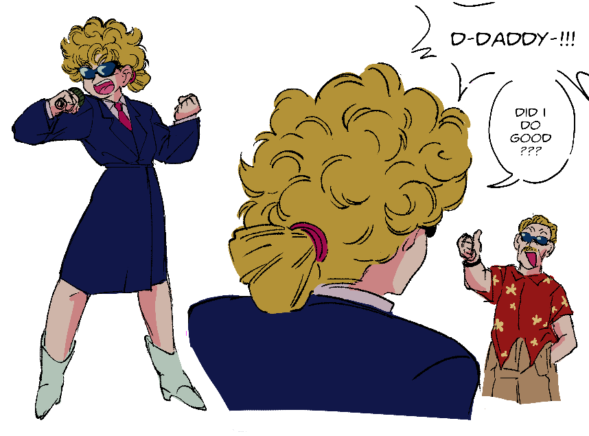 1boy, 1girl, announcer_(dragon_ball), blonde_hair, blue_coat, cal_monssi, coat, curly_hair, dragon_ball, dragon_ball_(classic), english_text, facial_hair, father_and_daughter, hand_in_pocket, hawaiian_shirt, holding, holding_microphone, microphone, mustache, necktie, open_mouth, original, red_necktie, red_shirt, shirt, simple_background, speech_bubble, sunglasses, thumbs_up, white_background, white_footwear