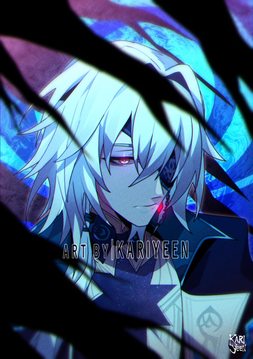 1boy, anaxa_(honkai:_star_rail), artist_name, blue_background, closed_mouth, collared_jacket, collared_shirt, earrings