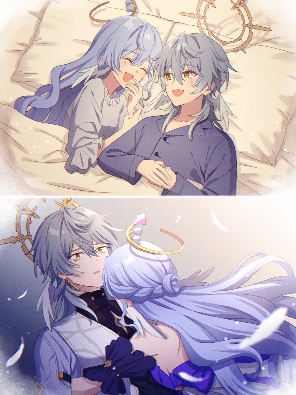 1boy, 1girl, ^_^, aiga_ippai, bare_back, bed_sheet, blue_hair, blue_pajamas