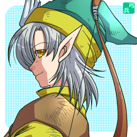 1boy, bow_(weapon), brown_eyes, elf, green_hair, grey_hair, hans_(shining_force), hat_feather