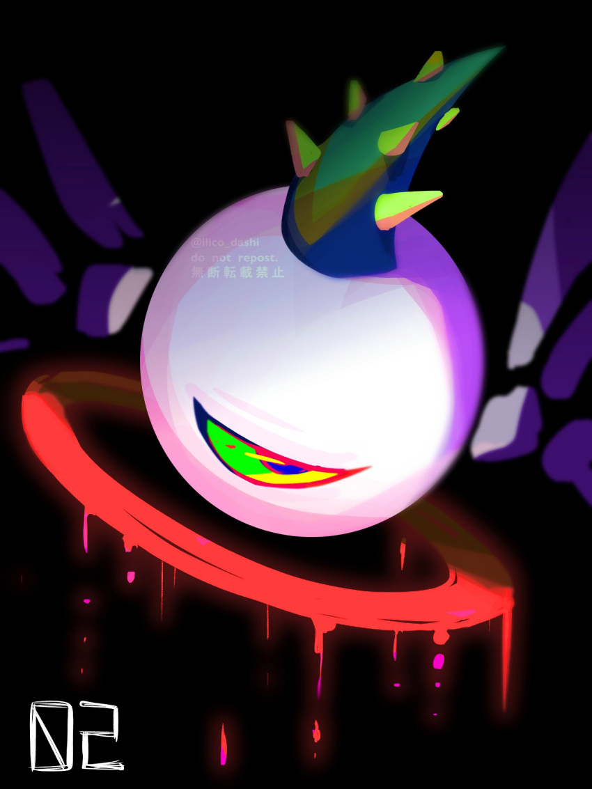 alternate_eye_color, black_background, halo, highres, kirby_(series), kirby_64, no_humans, one-eyed, red_halo, simple_background, solo, upside-down, wandot_(ilicololo), watermark, zero_two_(kirby)