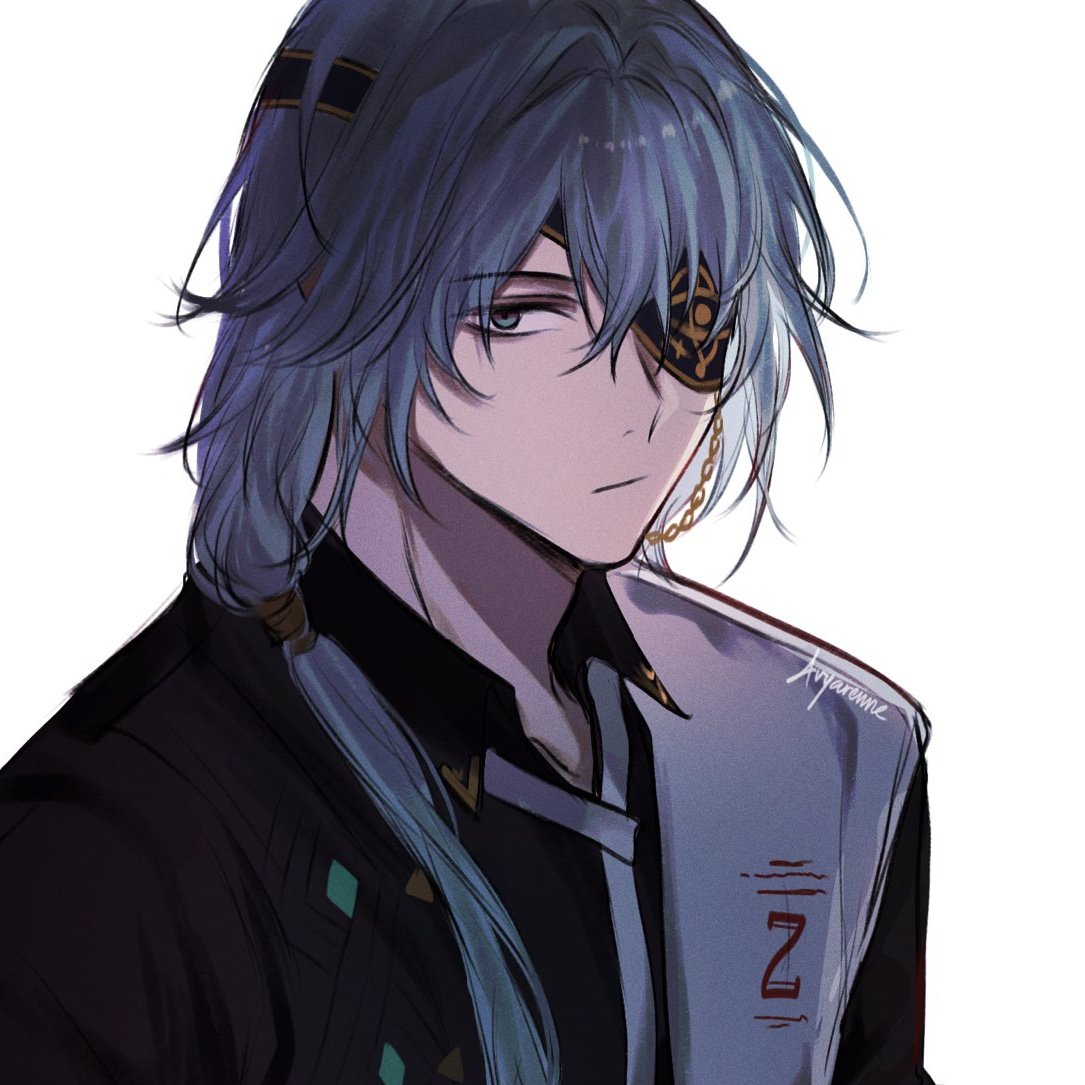 1boy, anaxa_(honkai:_star_rail), artist_name, avyarenne, closed_mouth, collared_shirt, cosplay, eyepatch