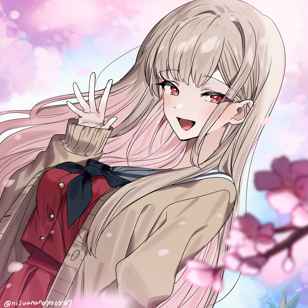 1girl, black_neckerchief, blush, breasts, brown_hair, brown_jacket, cherry_blossoms, colored_inner_hair