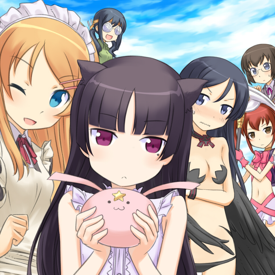 6+girls, :3, animal_ears, aragaki_ayase, blush, bunny, buntan, cat_ears