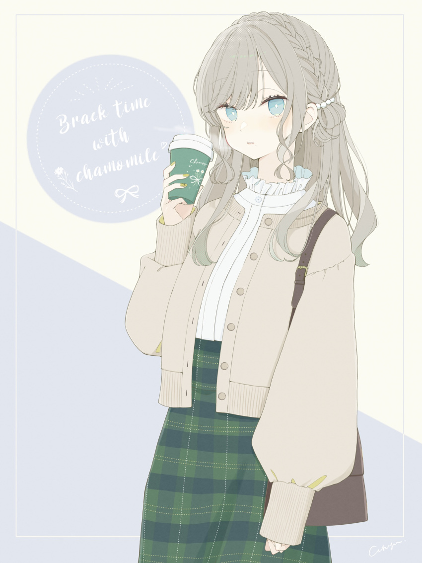 1girl, akiyu, bag, blue_eyes, braid, bright_pupils, brown_bag, brown_hair