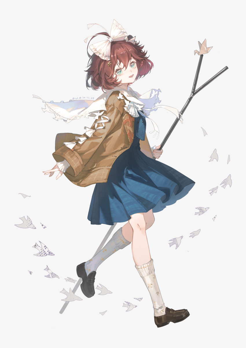 1girl, :d, absurdres, ahoge, artist_name, black_footwear, blue_eyes, blue_skirt